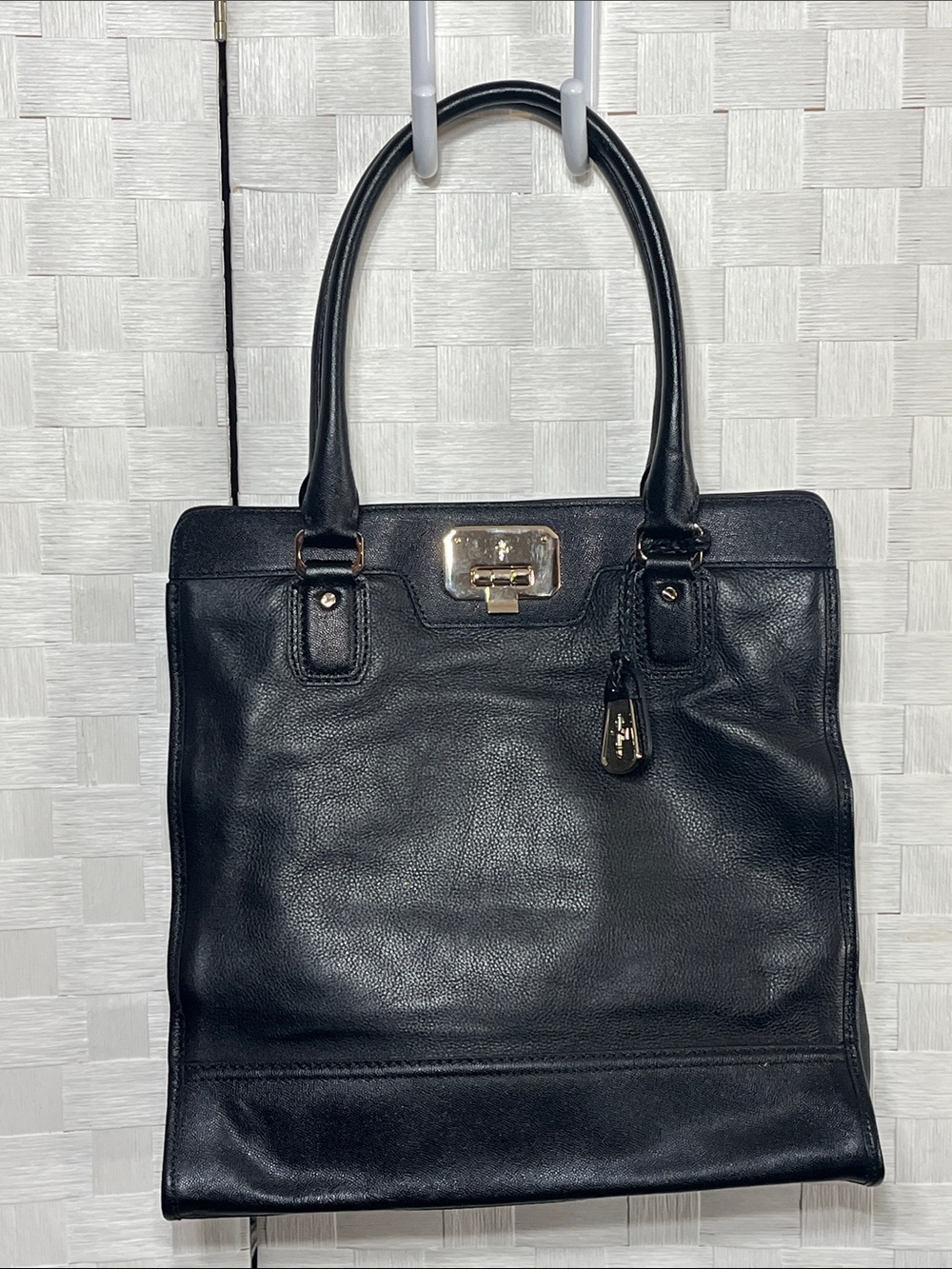 Cole Haan Black Leather Tote with Gold Hardware Accent